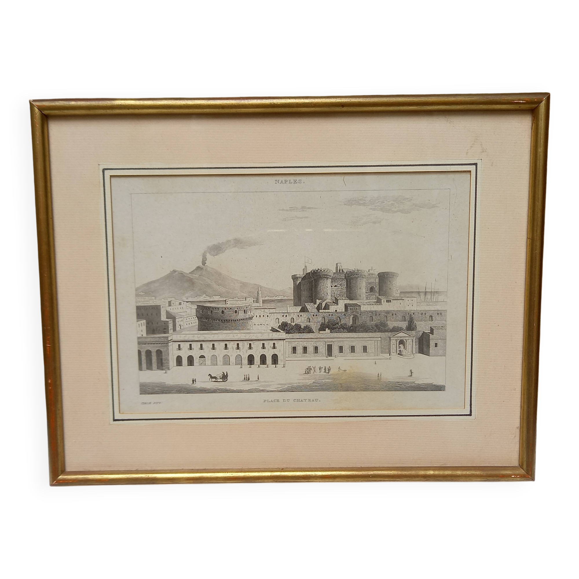 Antique engraving, Castle Square, Naples, Italy.