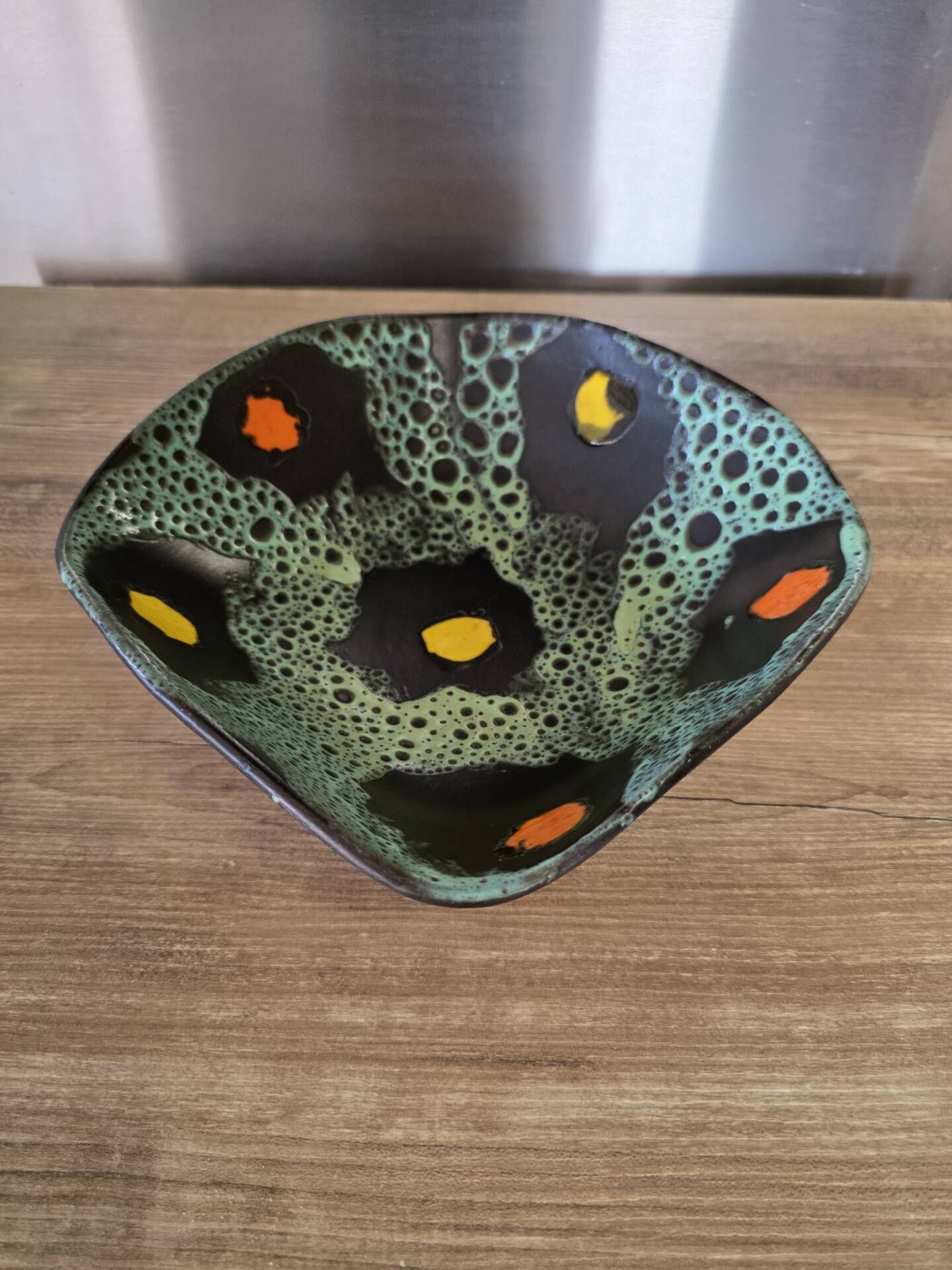 Square shallow dish Vallauris Fat Lava glaze sea foam vintage 1960s
