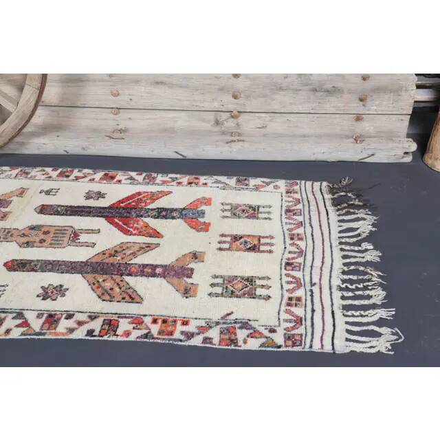 Vintage Turkish Oushak Handmade Wool Cotton White Runner Rug 111x343