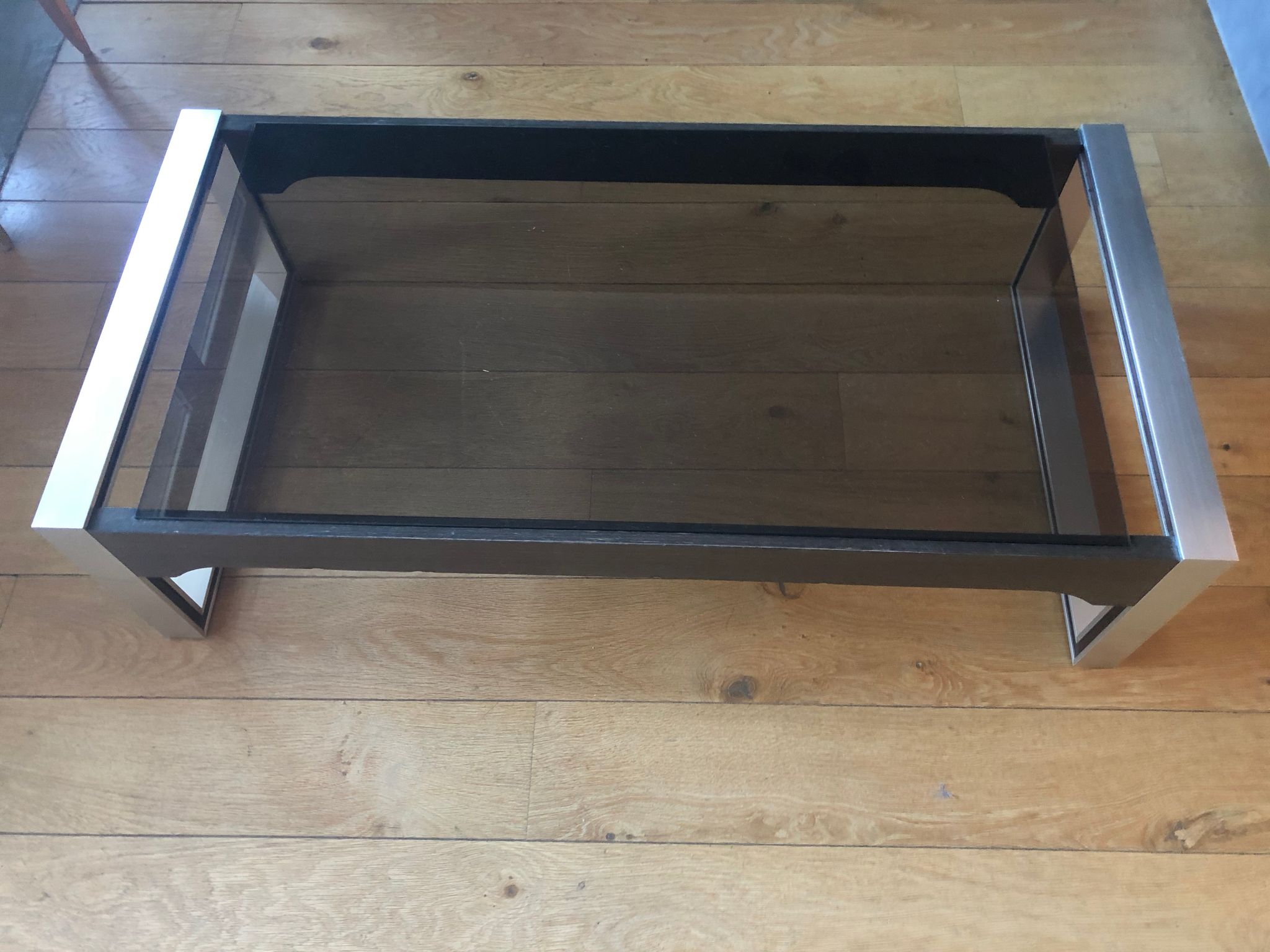 Rectangular coffee table smoked glass chrome and rosewood Claude Gaillard for Ligne Roset 1970