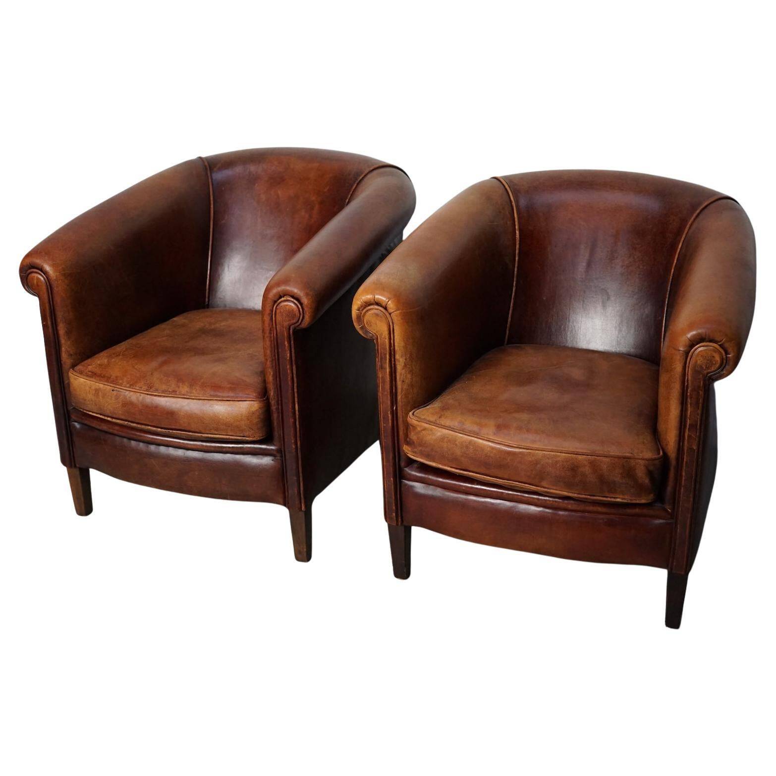 Vintage Dutch cognac coloured leather club chair, set of 2