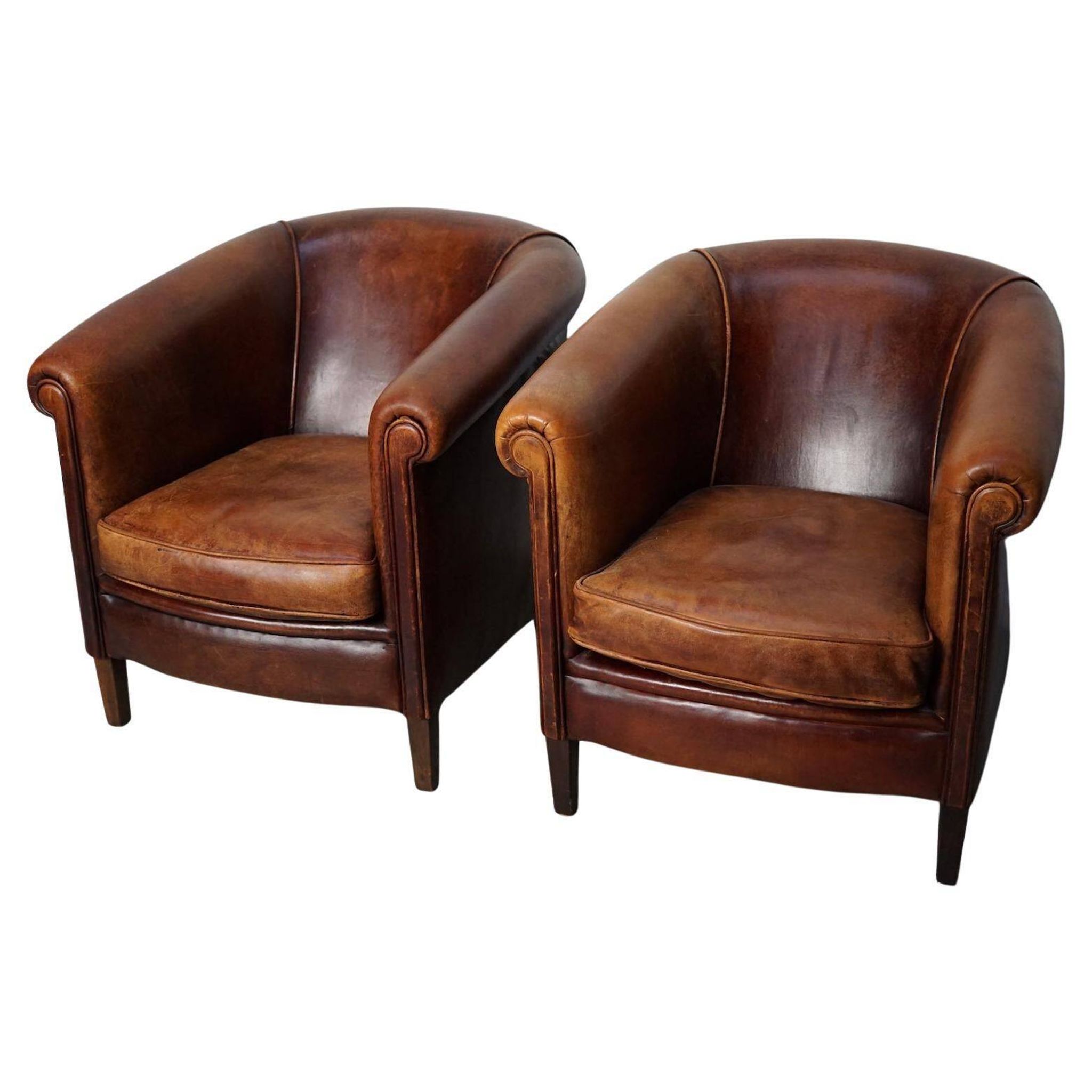 Vintage Dutch cognac coloured leather club chair, set of 2