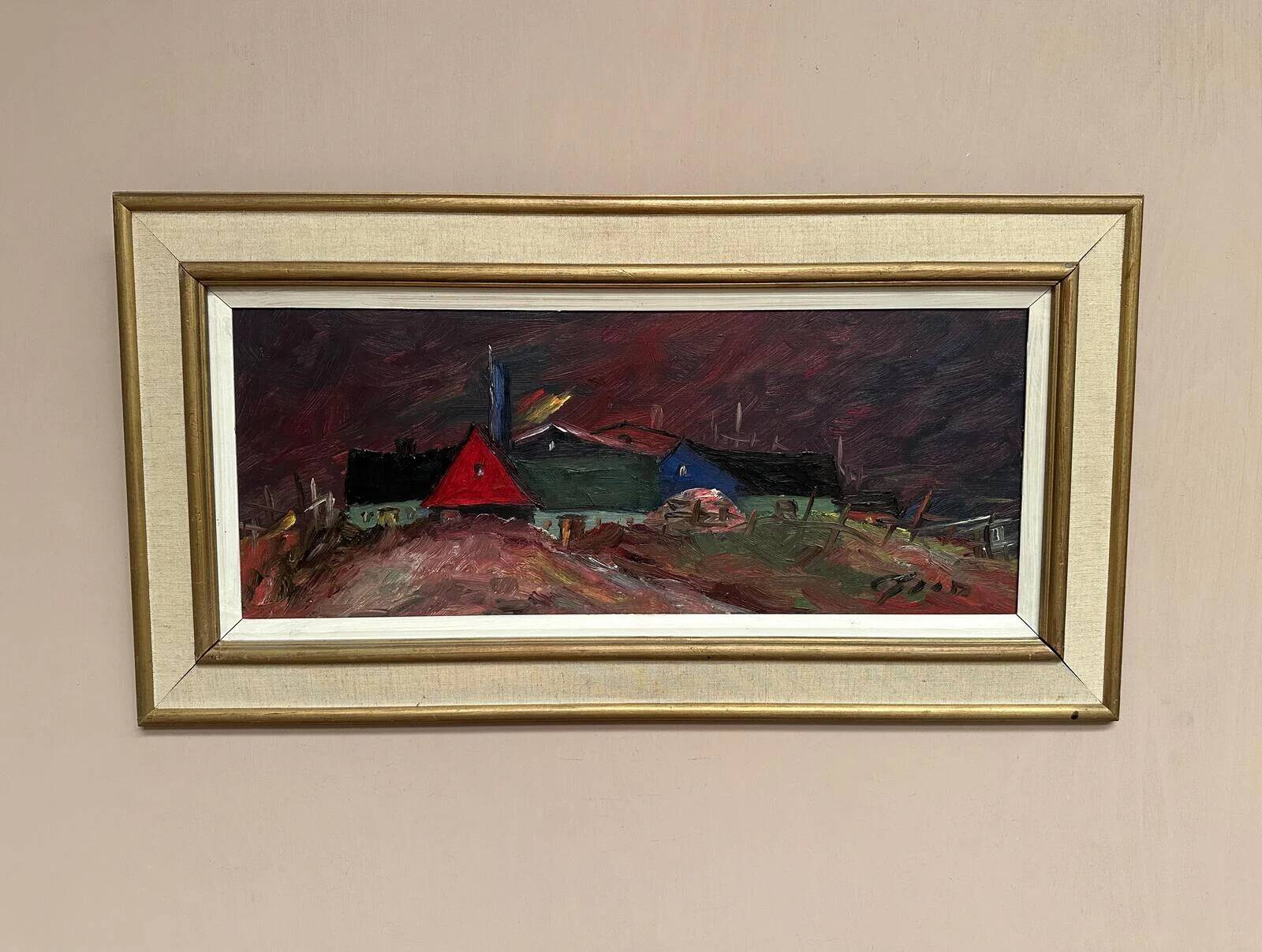 Original Swedish Oil on Panel – “Huts” – Vintage & Framed – 77 × 41 cm
