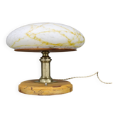 1940s Restored Brass Table Lamp with Wooden Base and Glass Shade