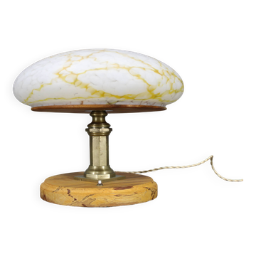 1940s Restored Brass Table Lamp with Wooden Base and Glass Shade