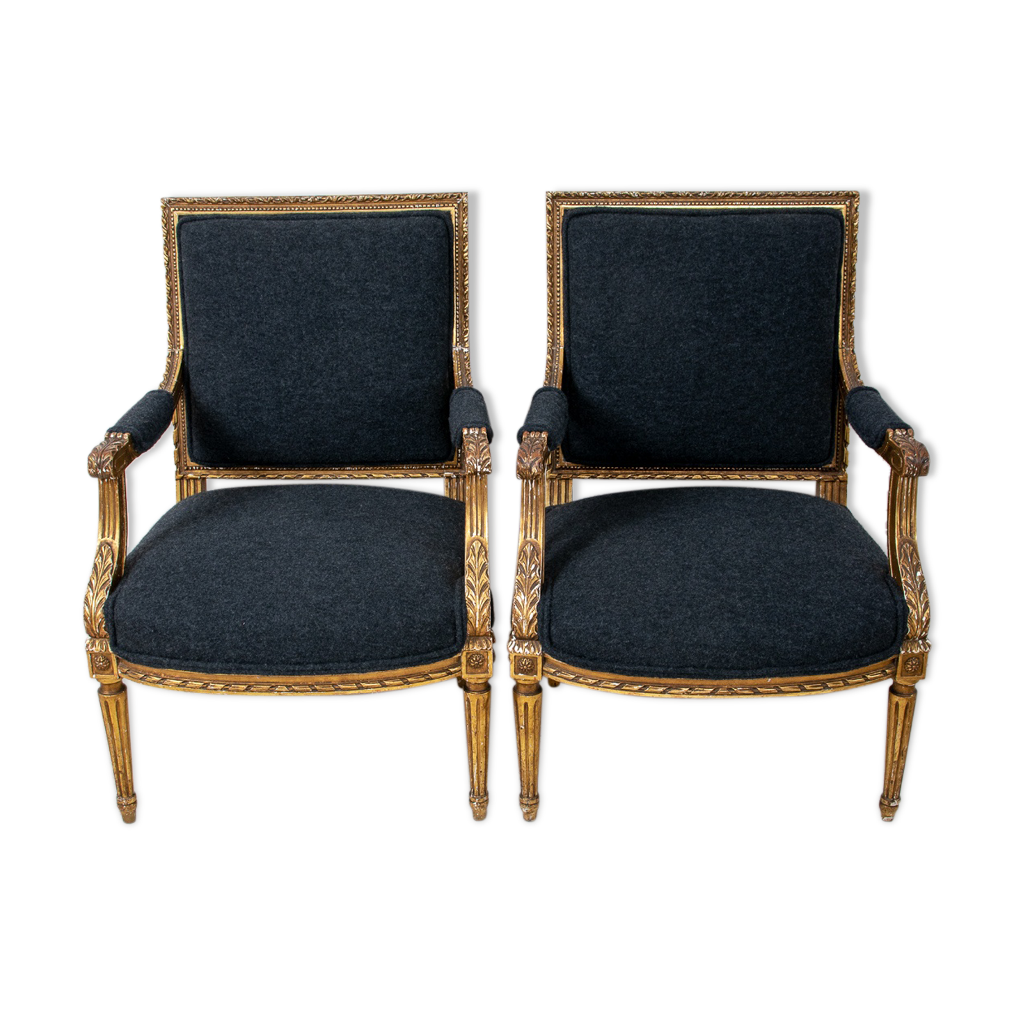 Pair of 19th century Louis XVI gilt armchairs newly re upholstered in holland and sherry fabric