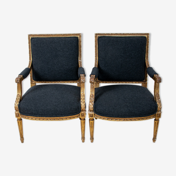 Paire de 19ème siècle Louis Xvi Fauteuils dorés nouvellement rembourré en Hollande et sherry Fabric