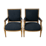 Pair of 19th century Louis XVI gilt armchairs newly re upholstered in holland and sherry fabric