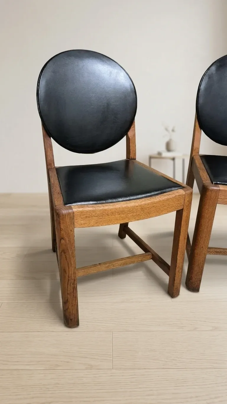 Set of four vintage wooden dining chairs with black leather upholstery, 85 × 45 × 45 cm