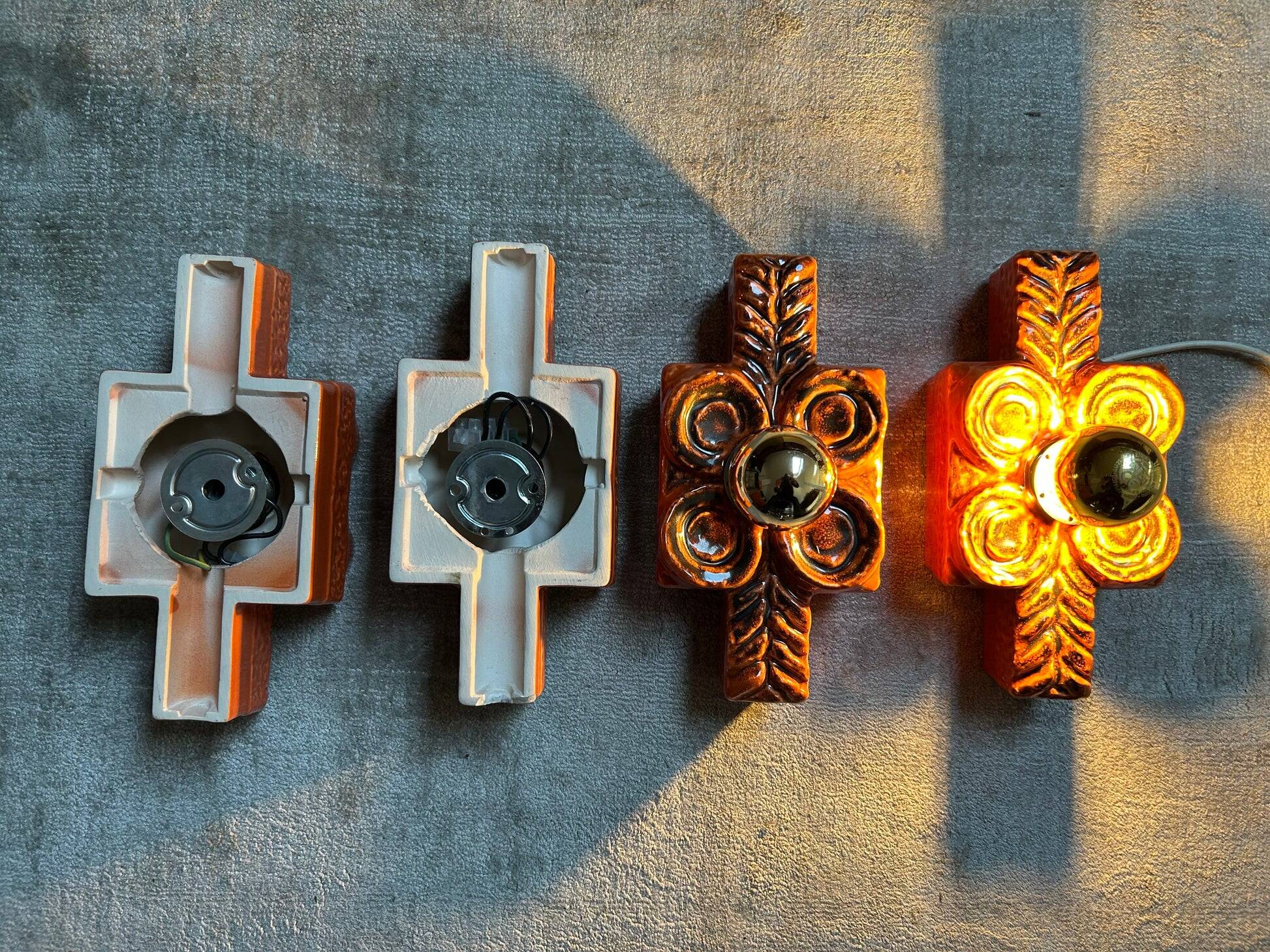 Set of 4 wall sconces in ceramic by Traudl Brunnquell, model 4320, West Germany, 1970s, Fat Lava.