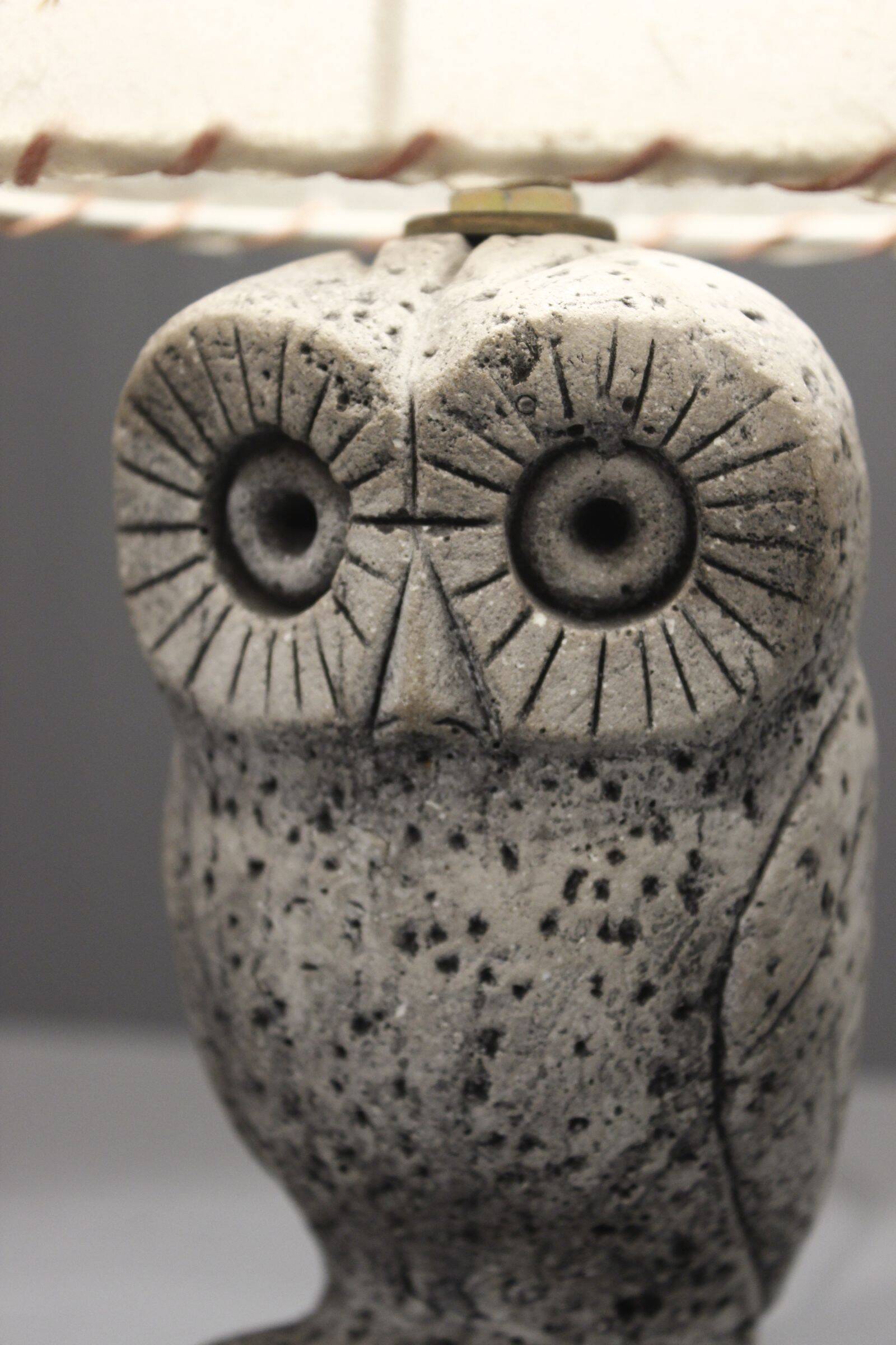 Vintage 1970s owl lamp, painted plaster, lampshade herbarium.
