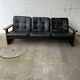 Sofa wood and black leather 60s