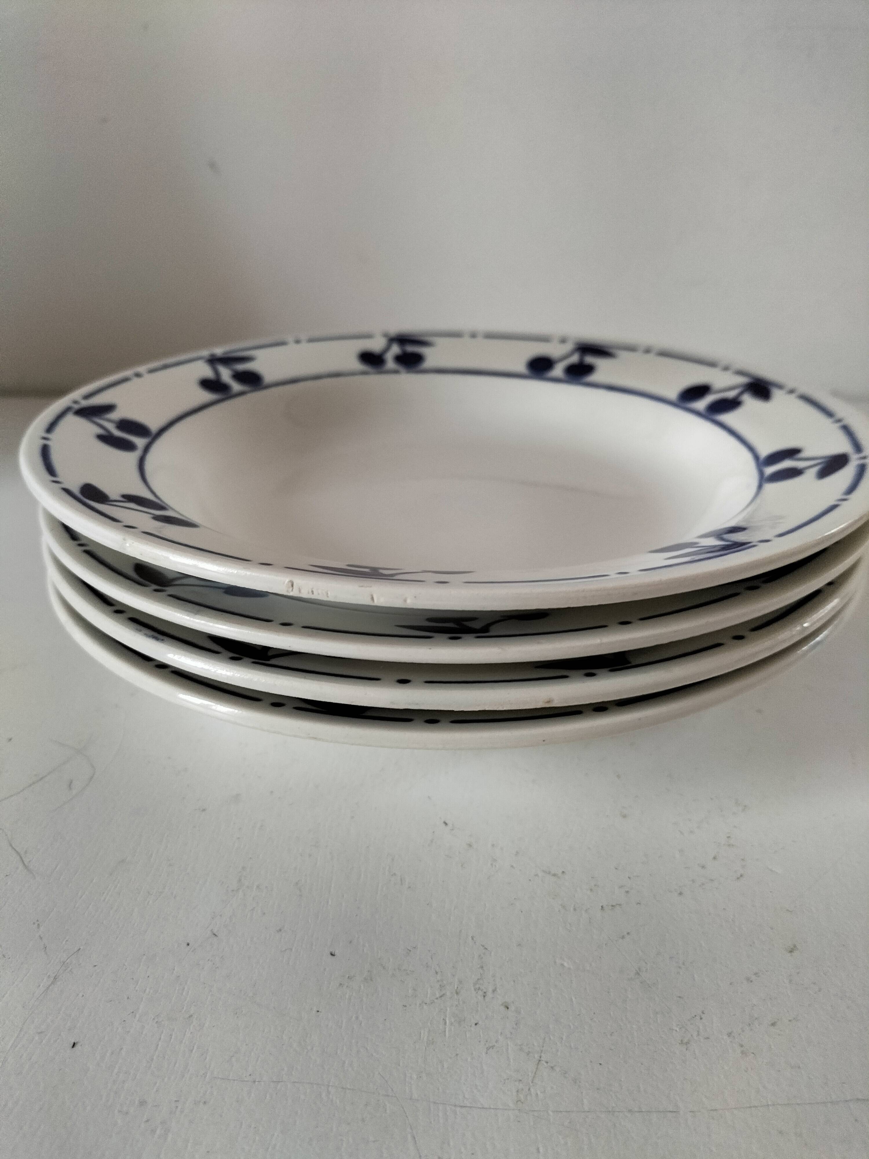 Set of 4 antique soup plates – “Blue Cherries” design – 1950s