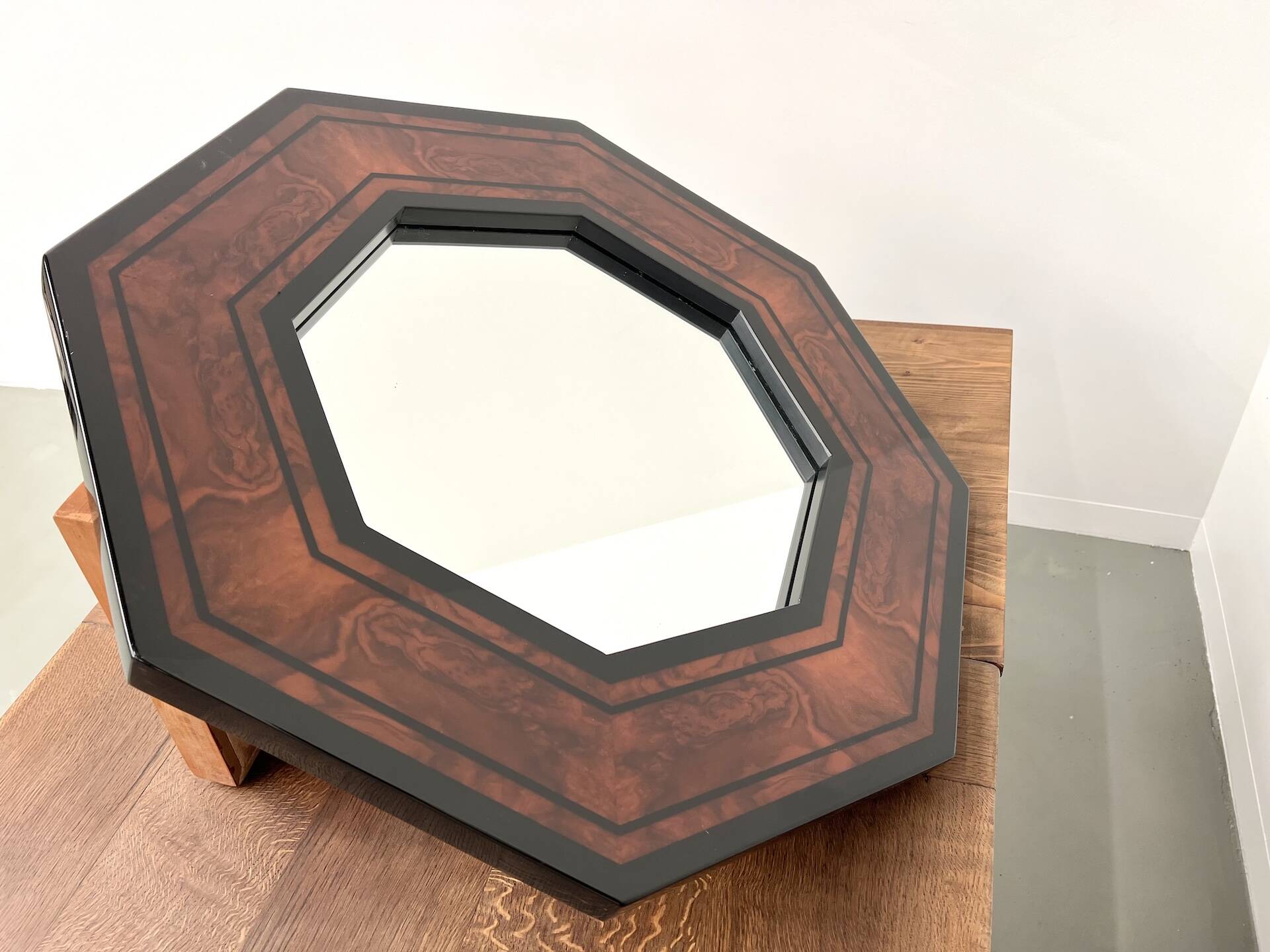 Octagonal wooden mirror by Jean-Claude Mahey