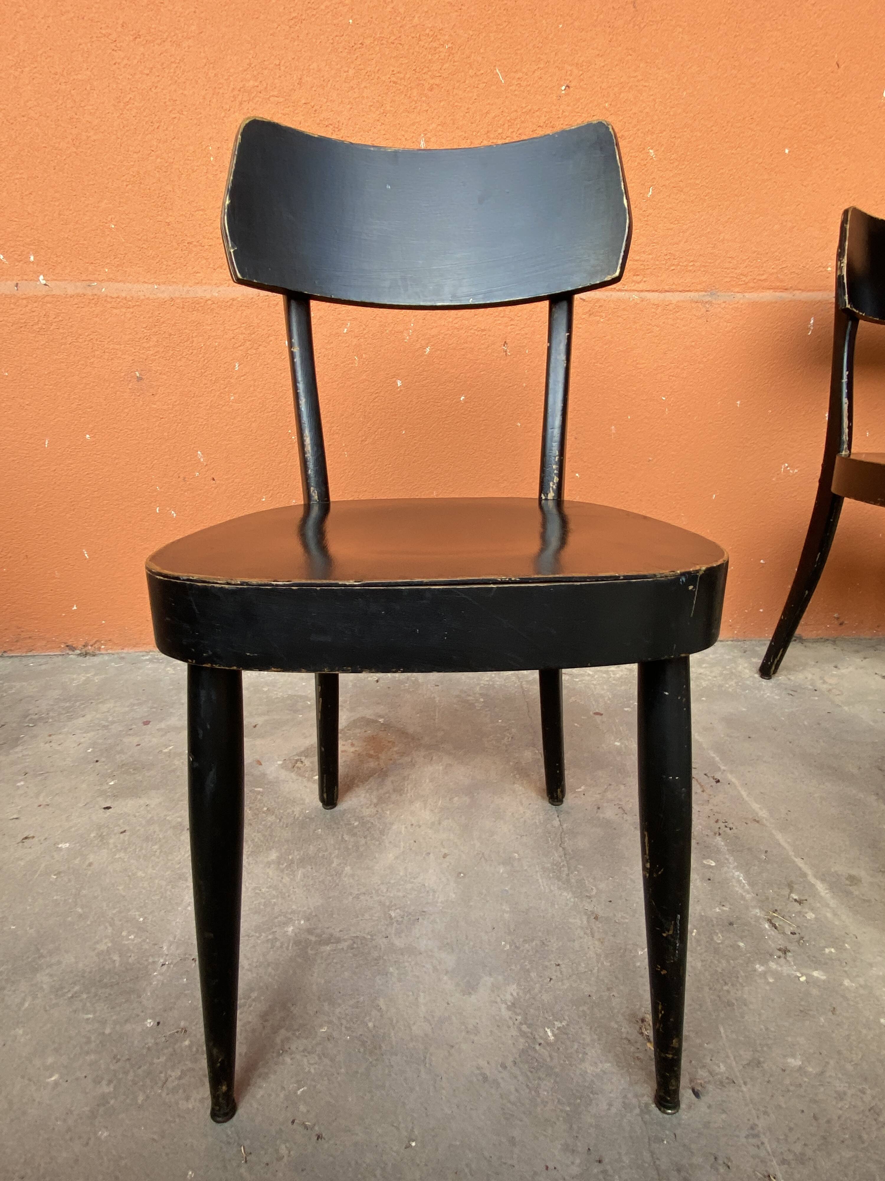 6 patinated curved wood bistro chairs