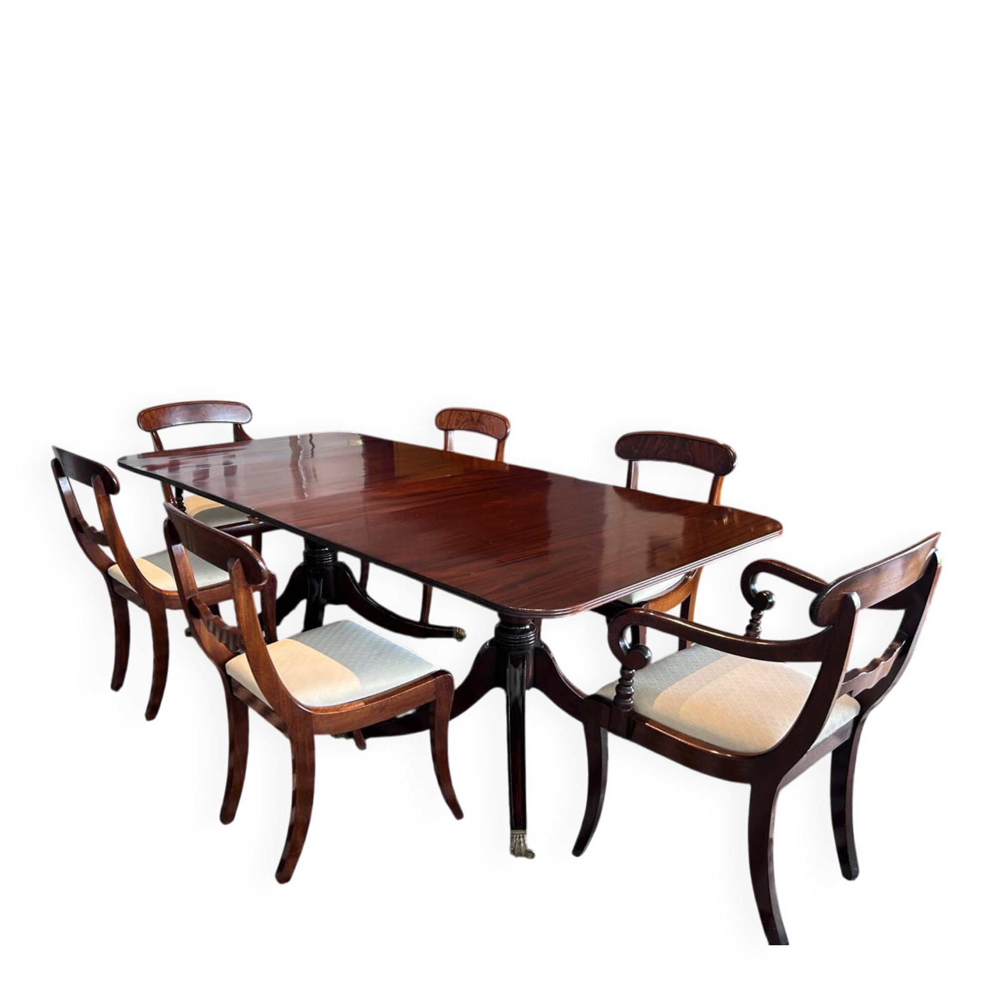 Antique Georgian twin pedestals dining table and 10 chairs