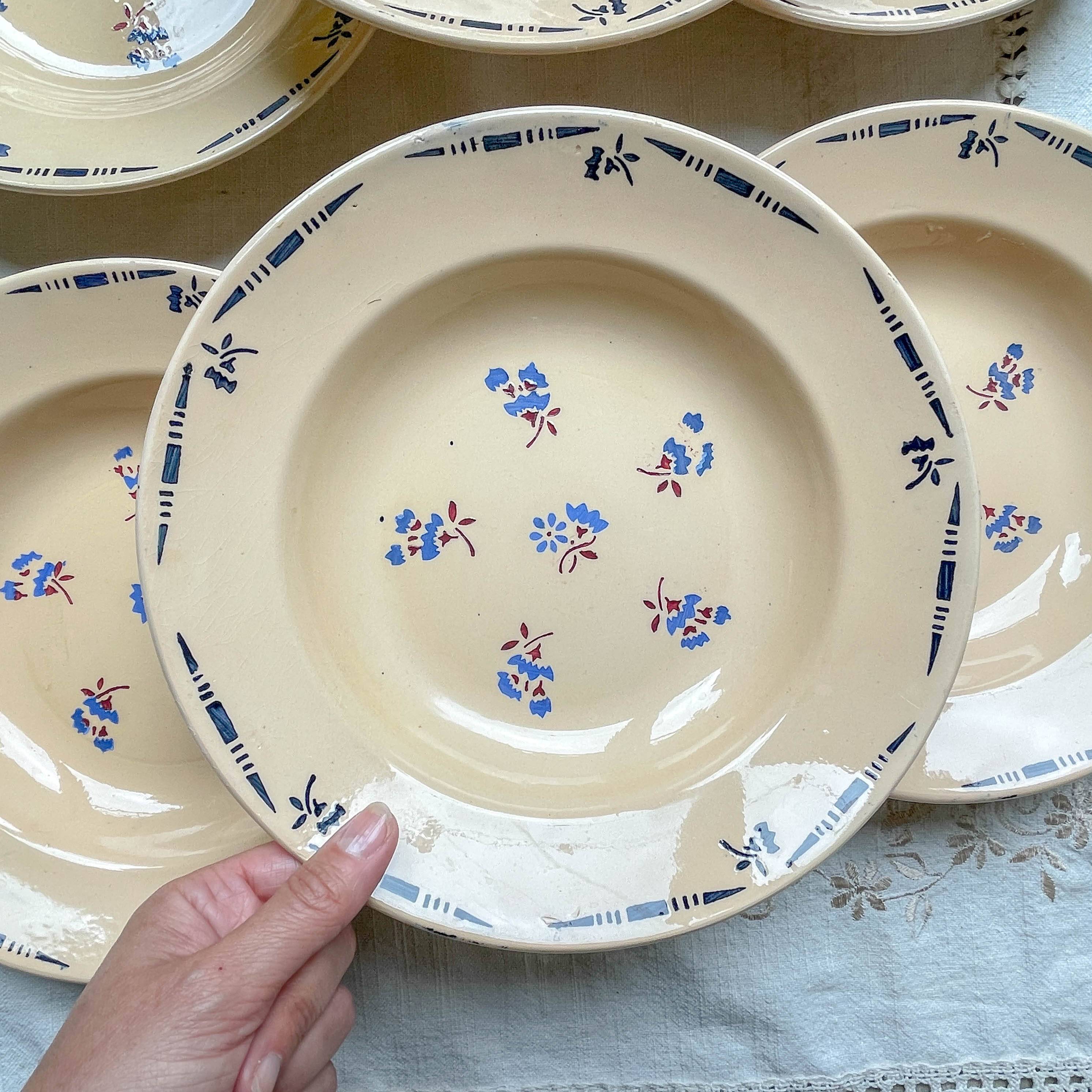 6 vintage K&G Luneville "Flore" porcelain soup plates, 1950s, small blue flowers
