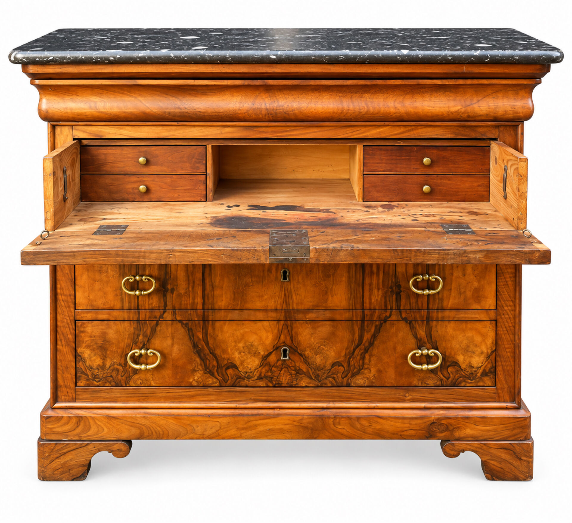 Louis-Philippe style secretary chest of drawers from the 19th century with walnut burl veneer.