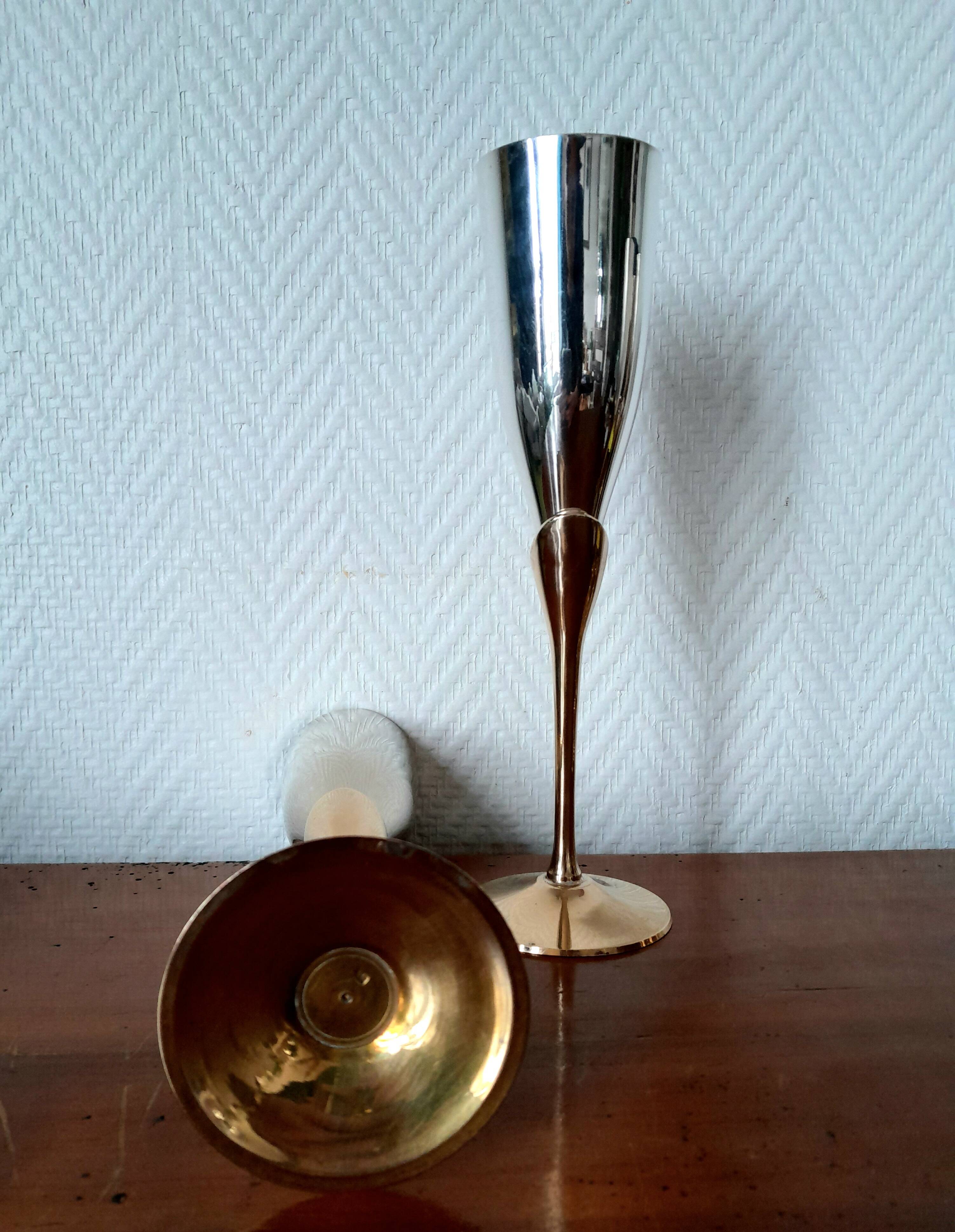 6 champagne flutes in brass and silver plated metal 1970