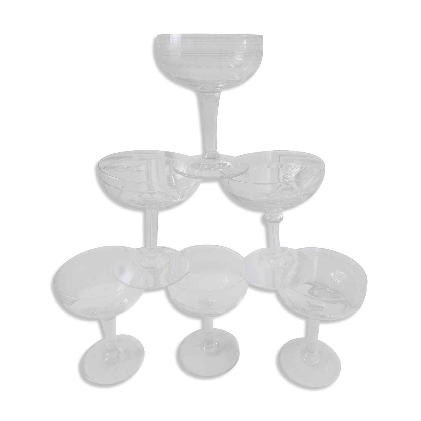 Lot of 6 mismatched crystal champagne glasses early 20th century
