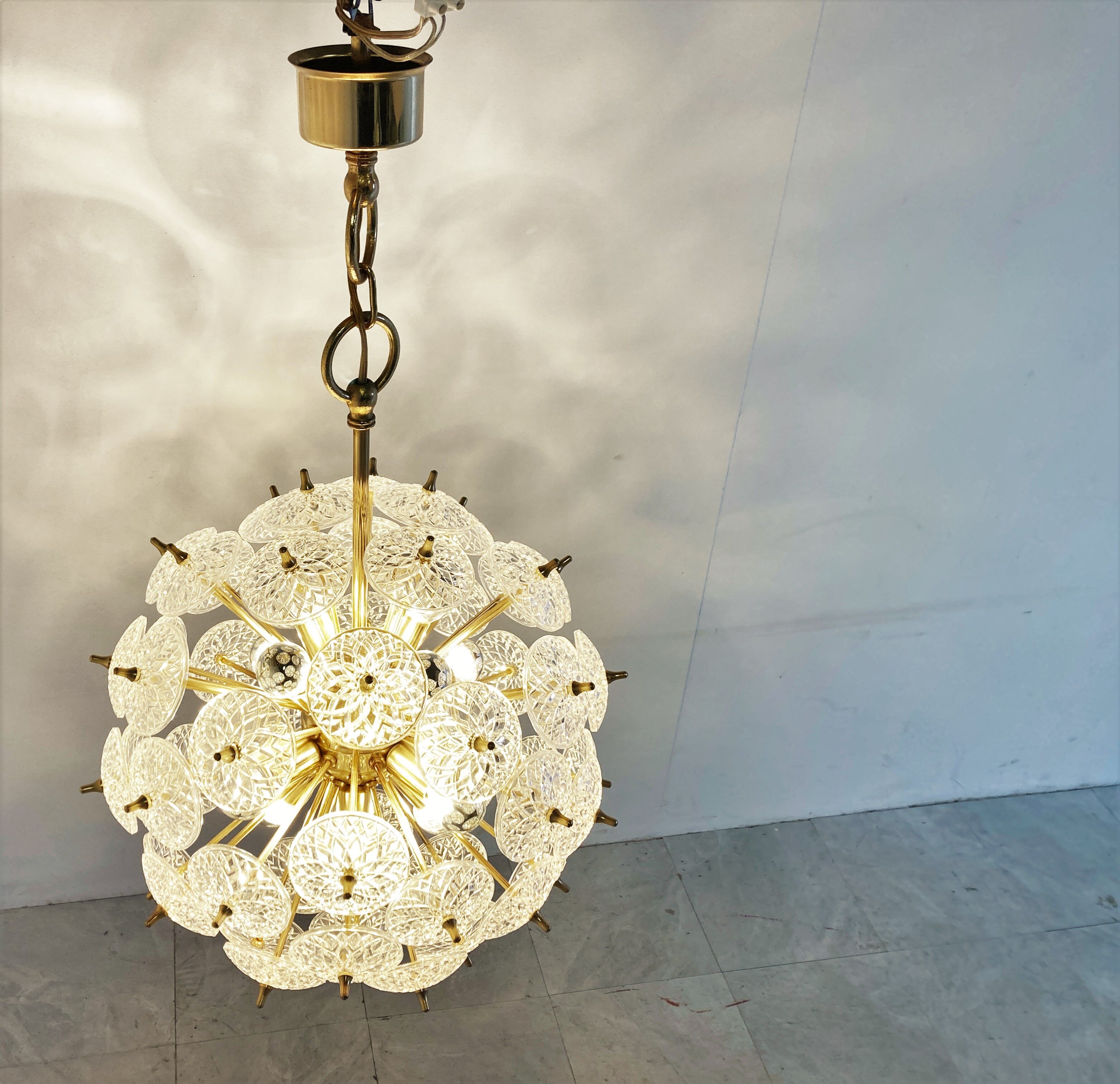 Mid century brass and crystal sputnik chandelier by Val saint lambert, 1960s