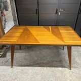 Table en chêne blond, pieds compas, années 60