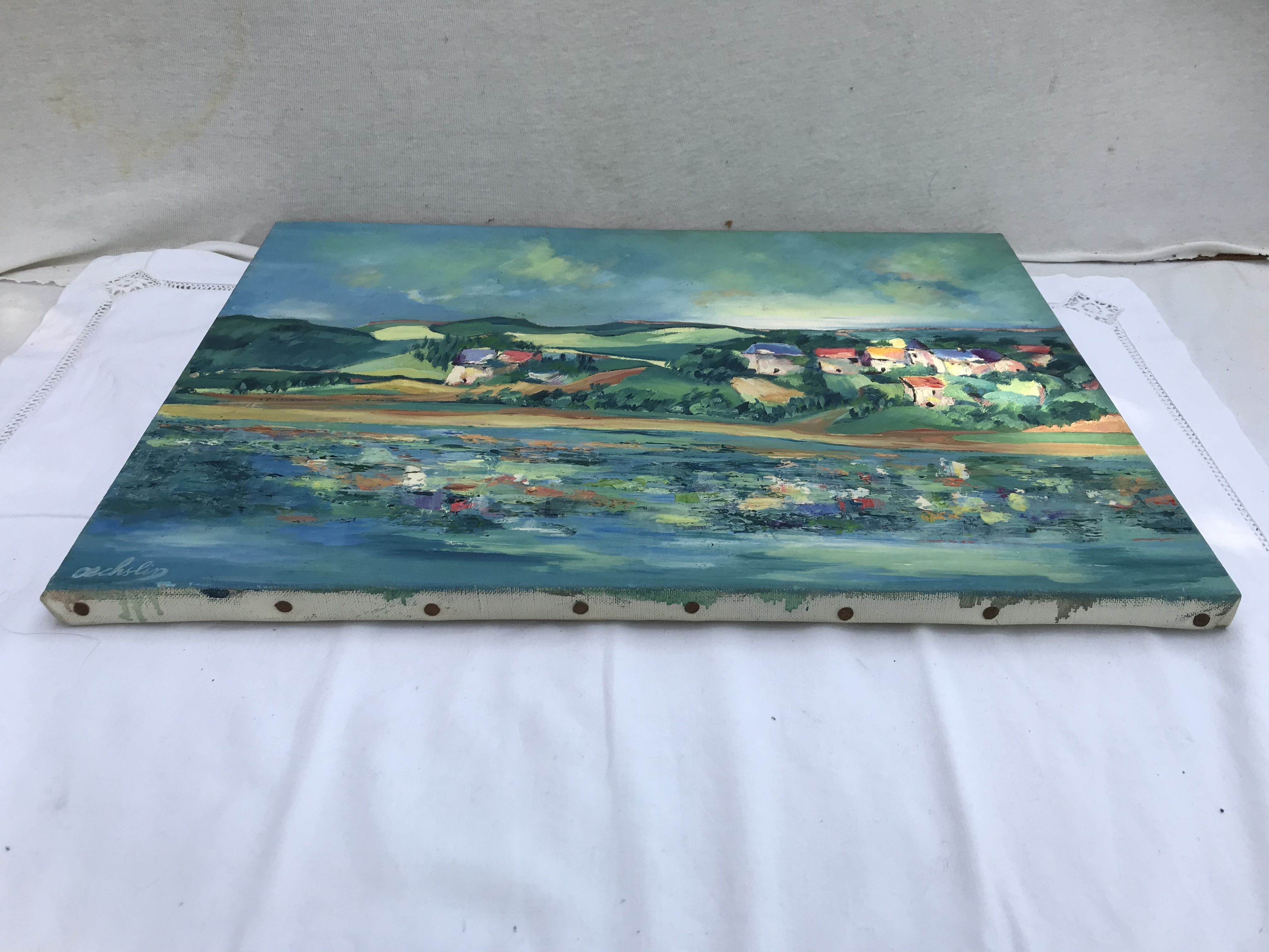 Painting painting oil on canvas Oechslin view village edge of vintage water