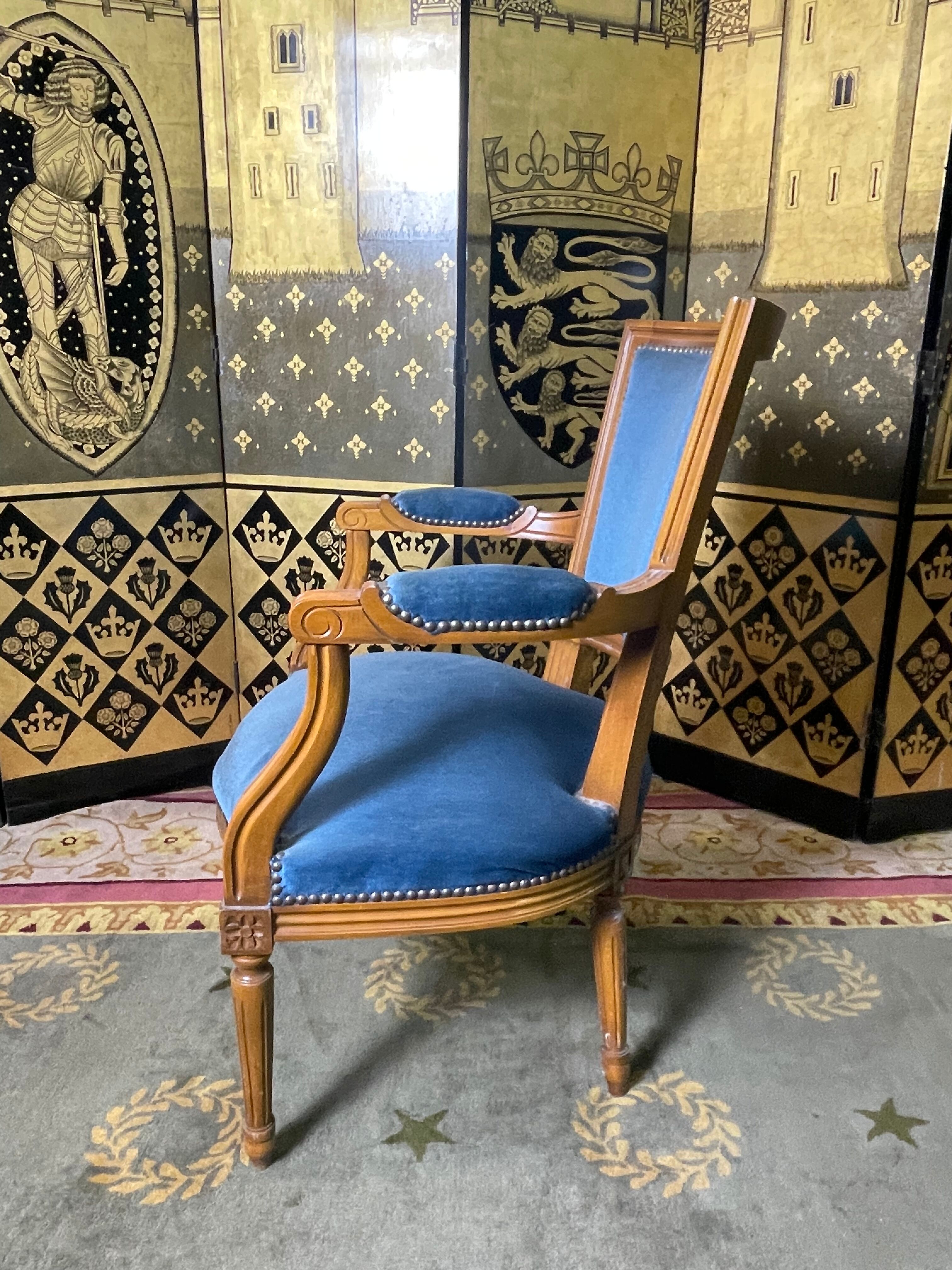 Louis XVI style convertible armchair blue velvet