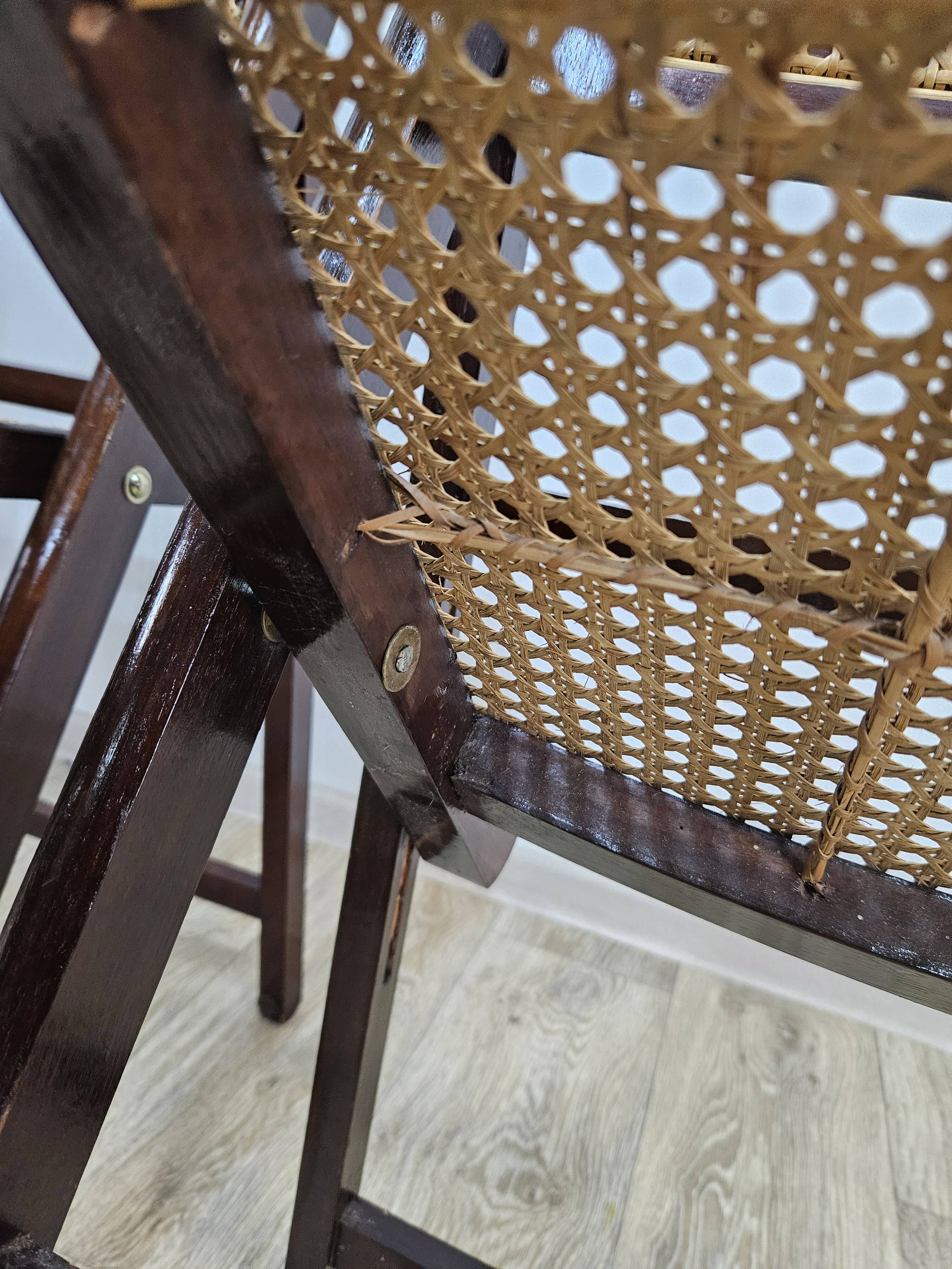 Folding wooden chairs with raffia, 1970s.