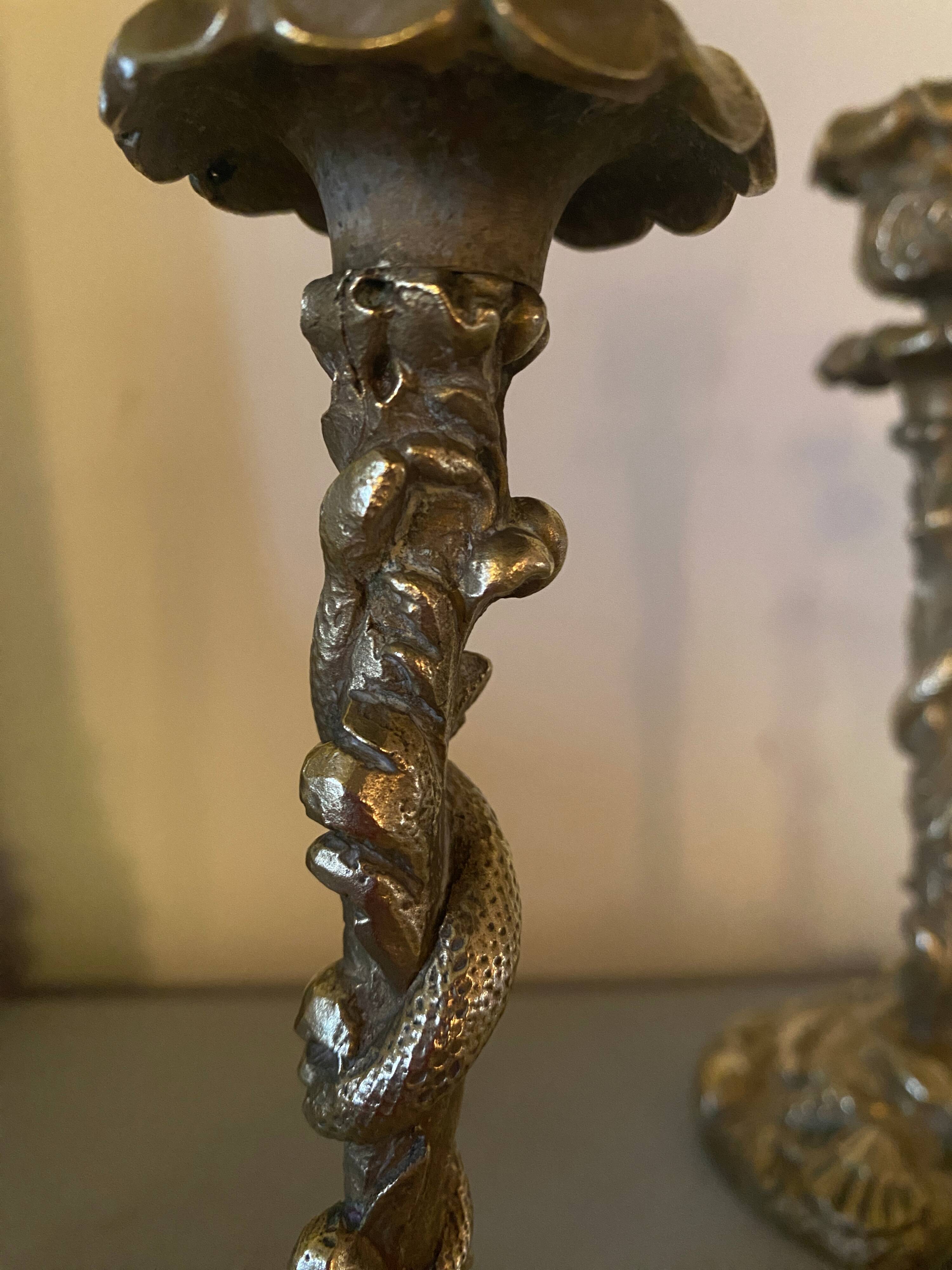 Pair of candlesticks with naturalistic decorations (gothic art nouveau) snake, salamander