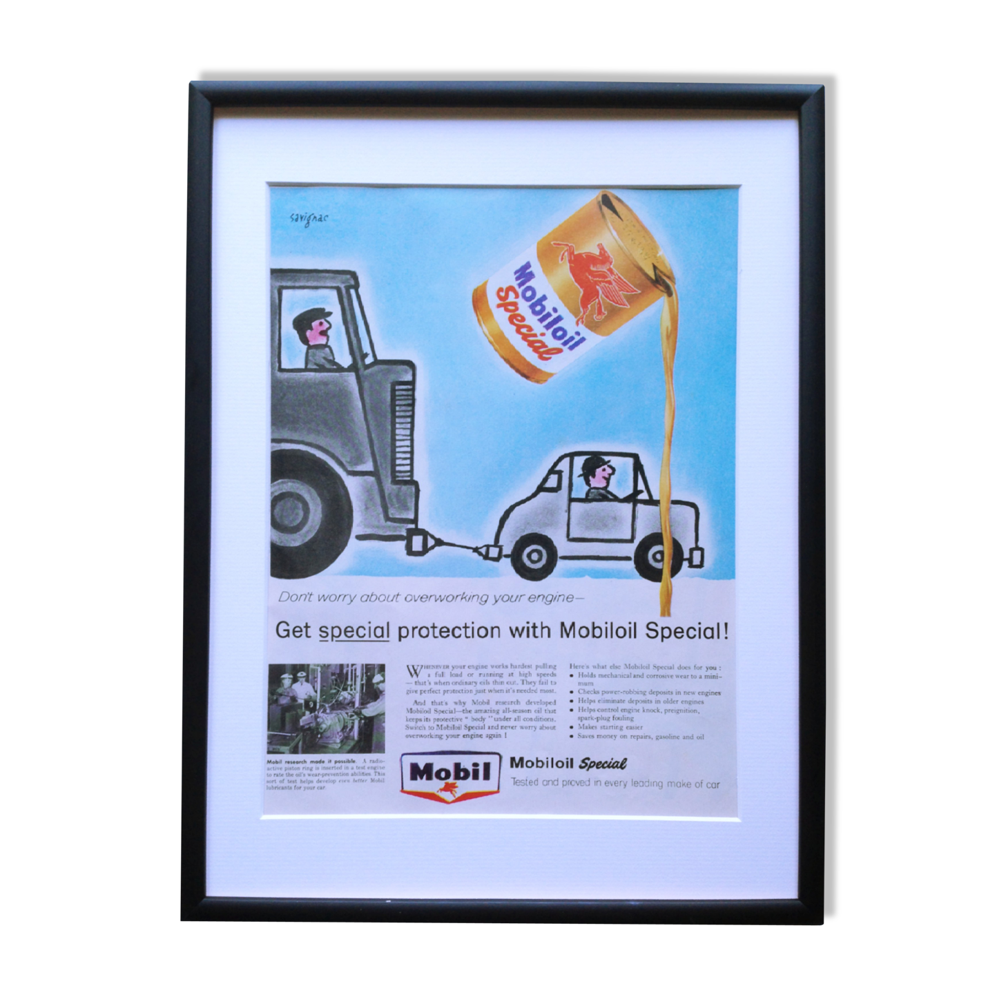 Framed vintage mobil ad print by Raymond Savignac, 1954