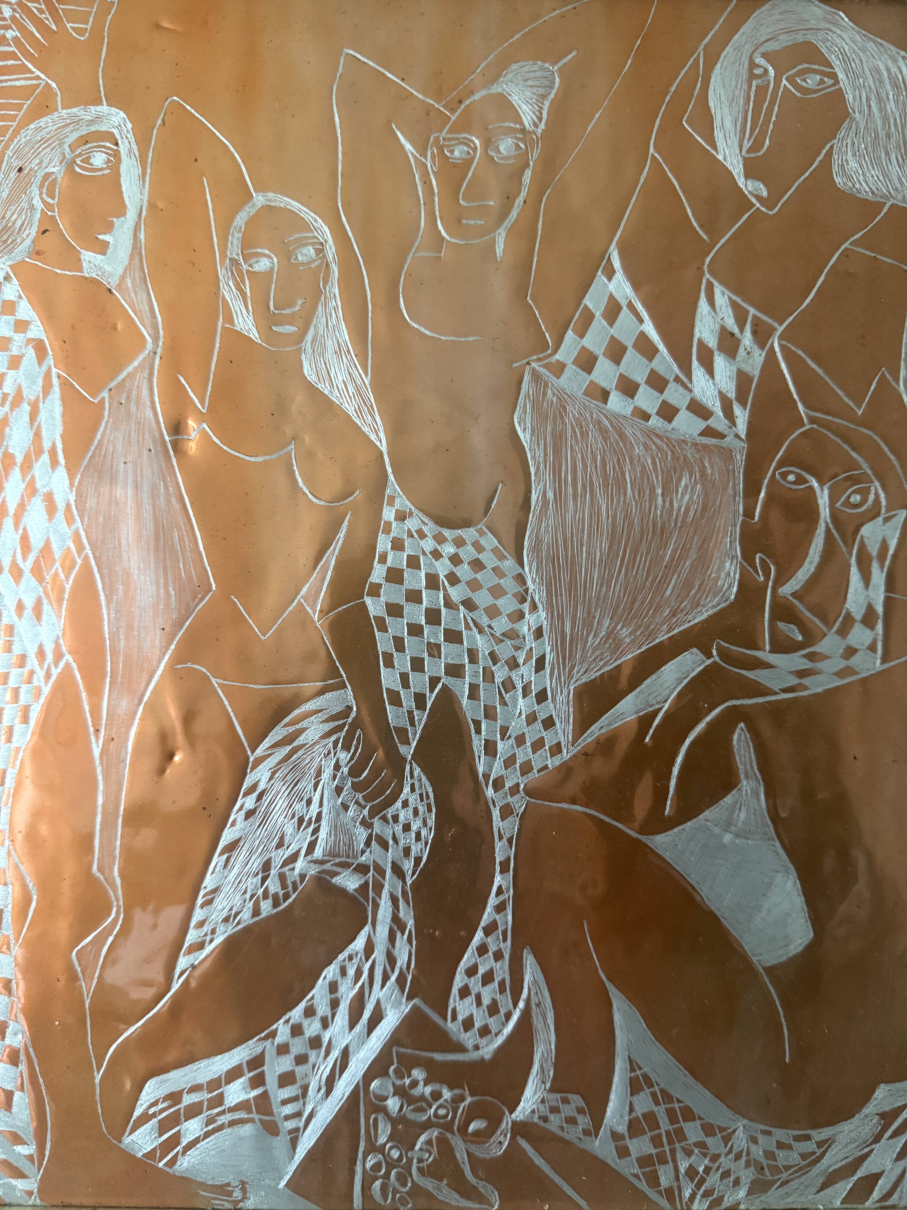 Cubist table copper engraving