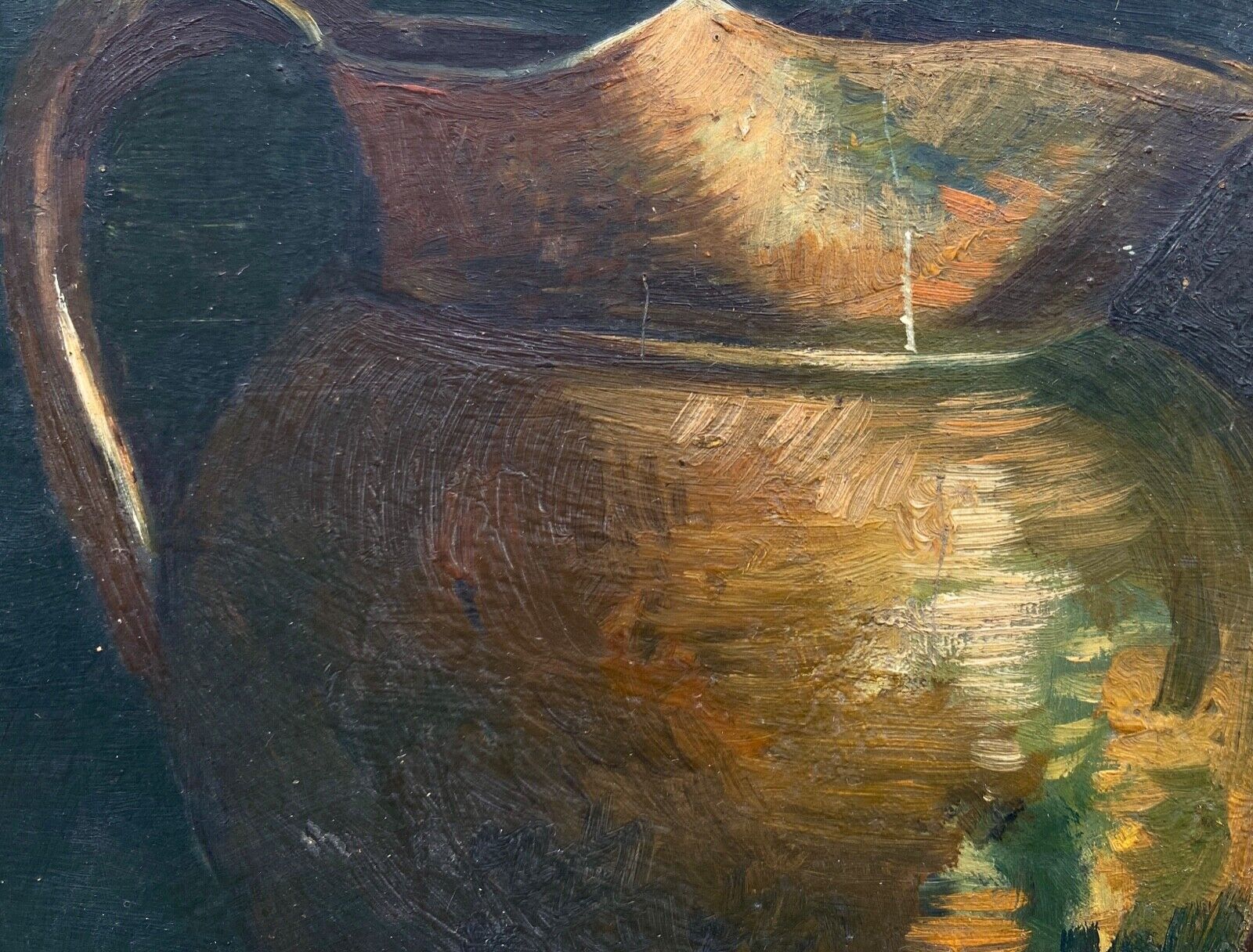Oil on cardboard still life with pitcher and onions early twentieth century