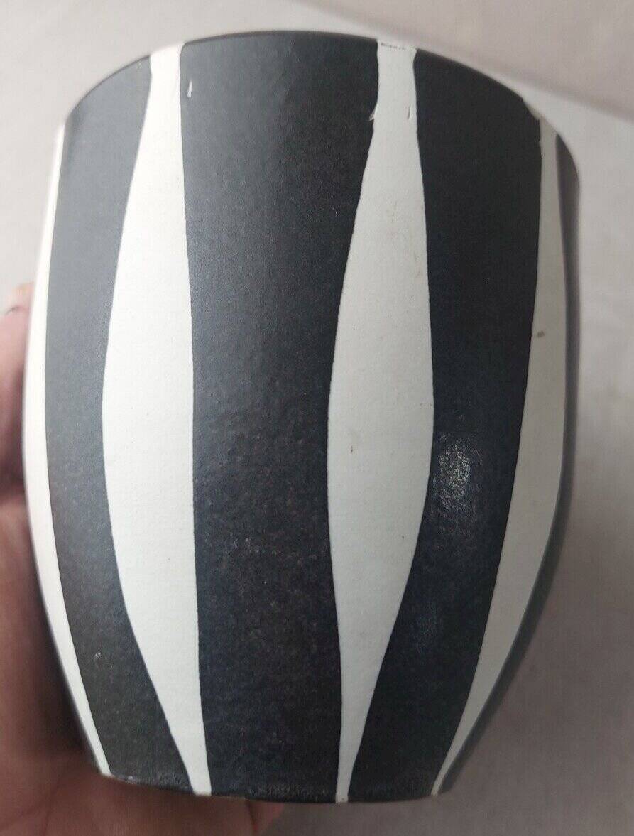 Old ceramic flowerpot, Vallauris style decor, black and white stripes, vintage