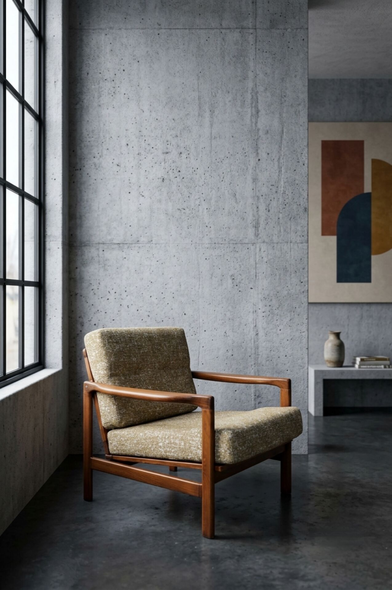 Fauteuil vintage en tissu chiné beige moutarde et olive, Pologne 1960