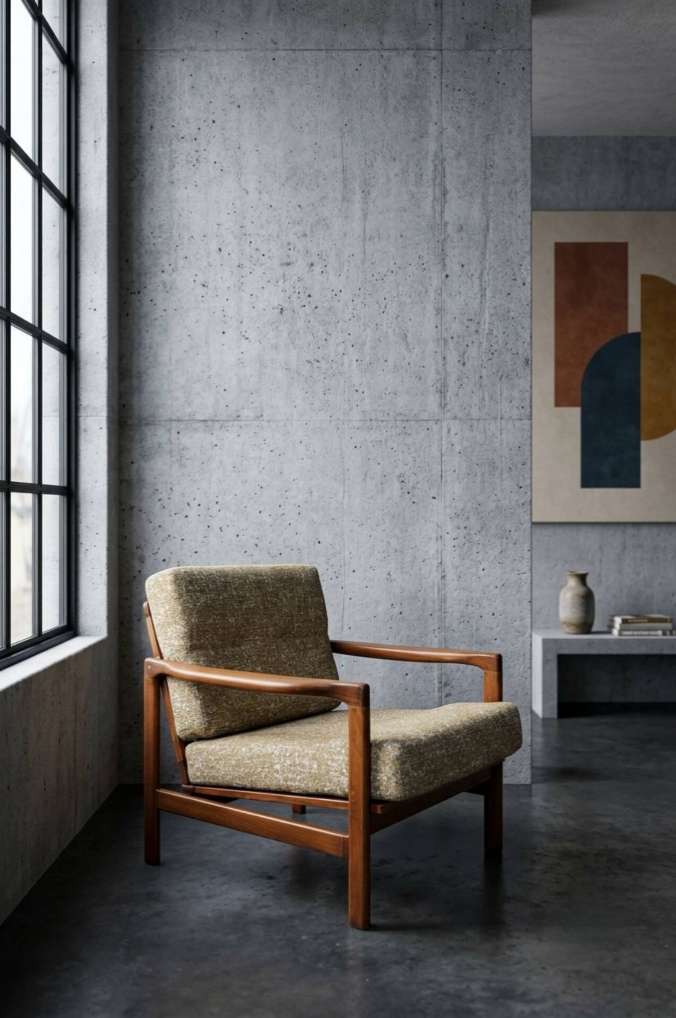 Vintage Armchair Tissu chiné beige moutarde et olive, Poland 1960