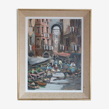 Huile sur toile scène de marché Napolitain des années 50