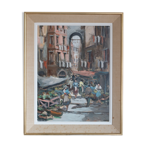 Huile sur toile scène de marché