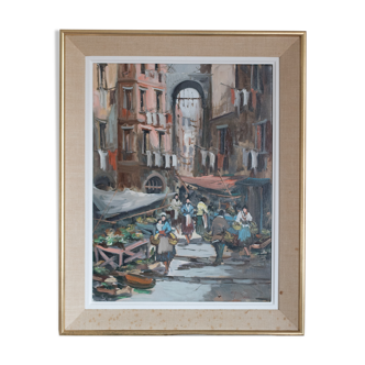 Huile sur toile scène de marché Napolitain des années 50