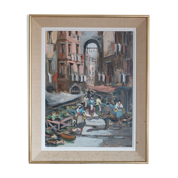 Huile sur toile scène de marché Napolitain des années 50