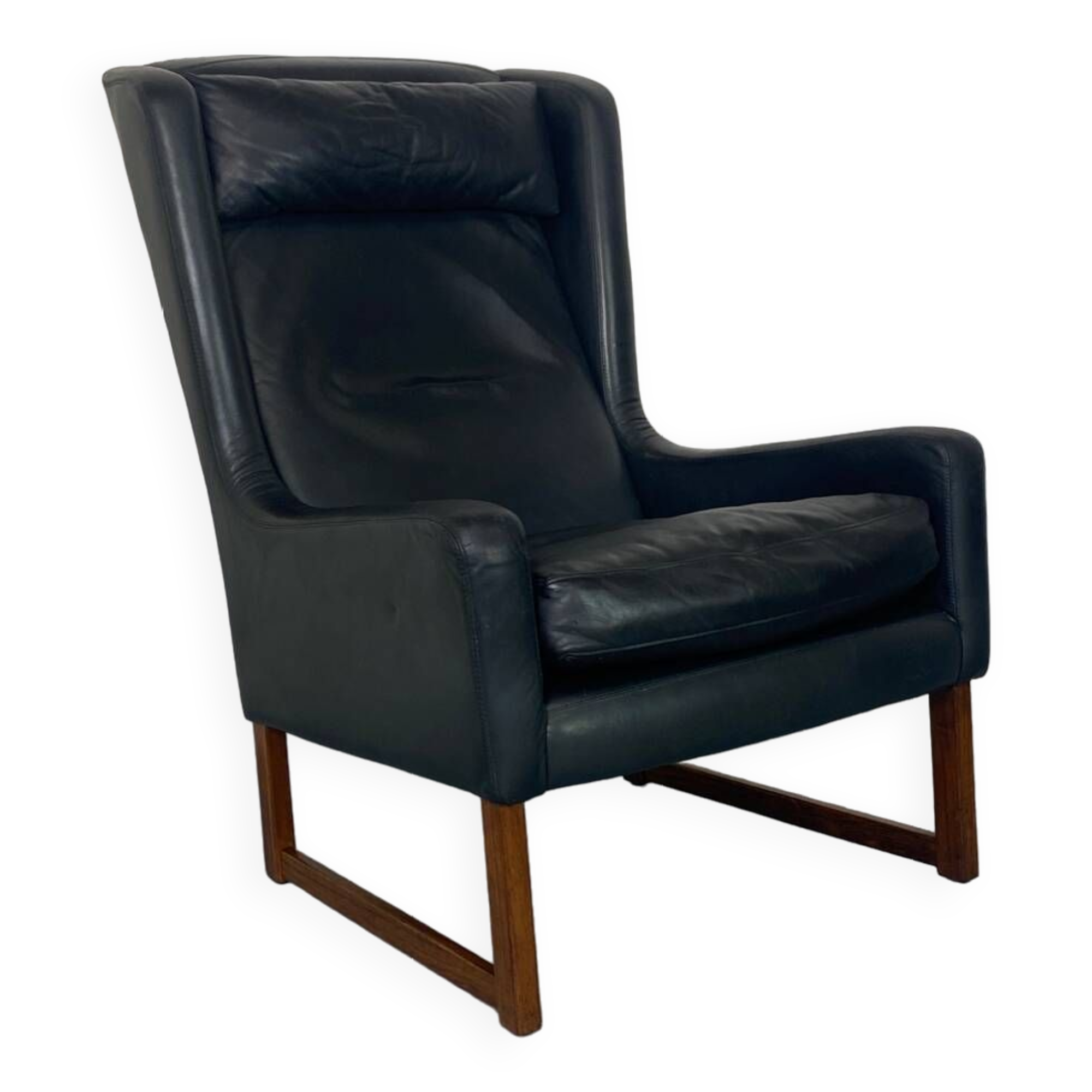 Fauteuil vintage à dossier à oreilles en cuir noir par Rudolf Glatzel pour Kill, 1960