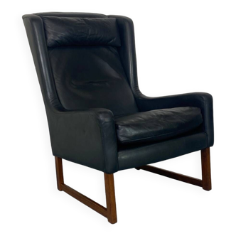 Mid-Century Wing Back black leather Easy Chair by Rudolf Glatzel for Kill, 1960s