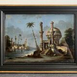 Tableau du 19e siècle, peinture sous verre et nacre, scène orientale, signé G.A