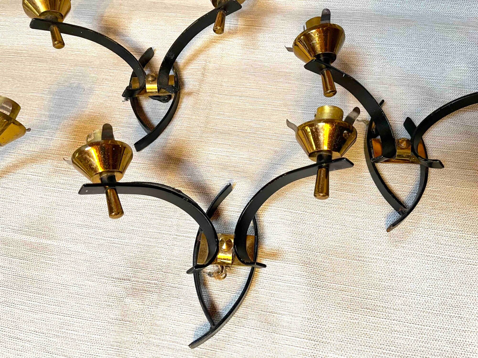 Maison arlus black and brass sconces with white opaline, france - a pair