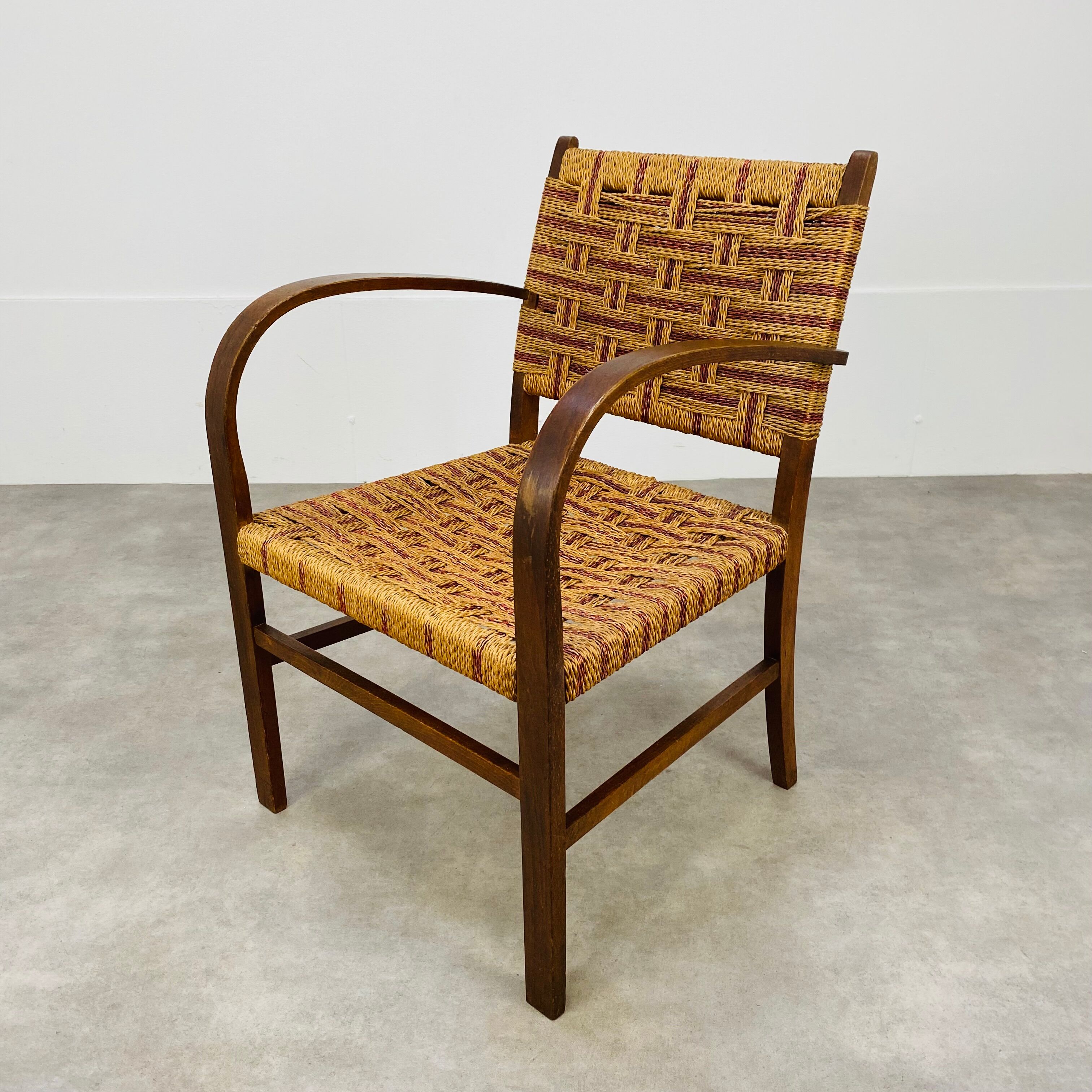 Scandinavian armchair in wood and vintage straw rope