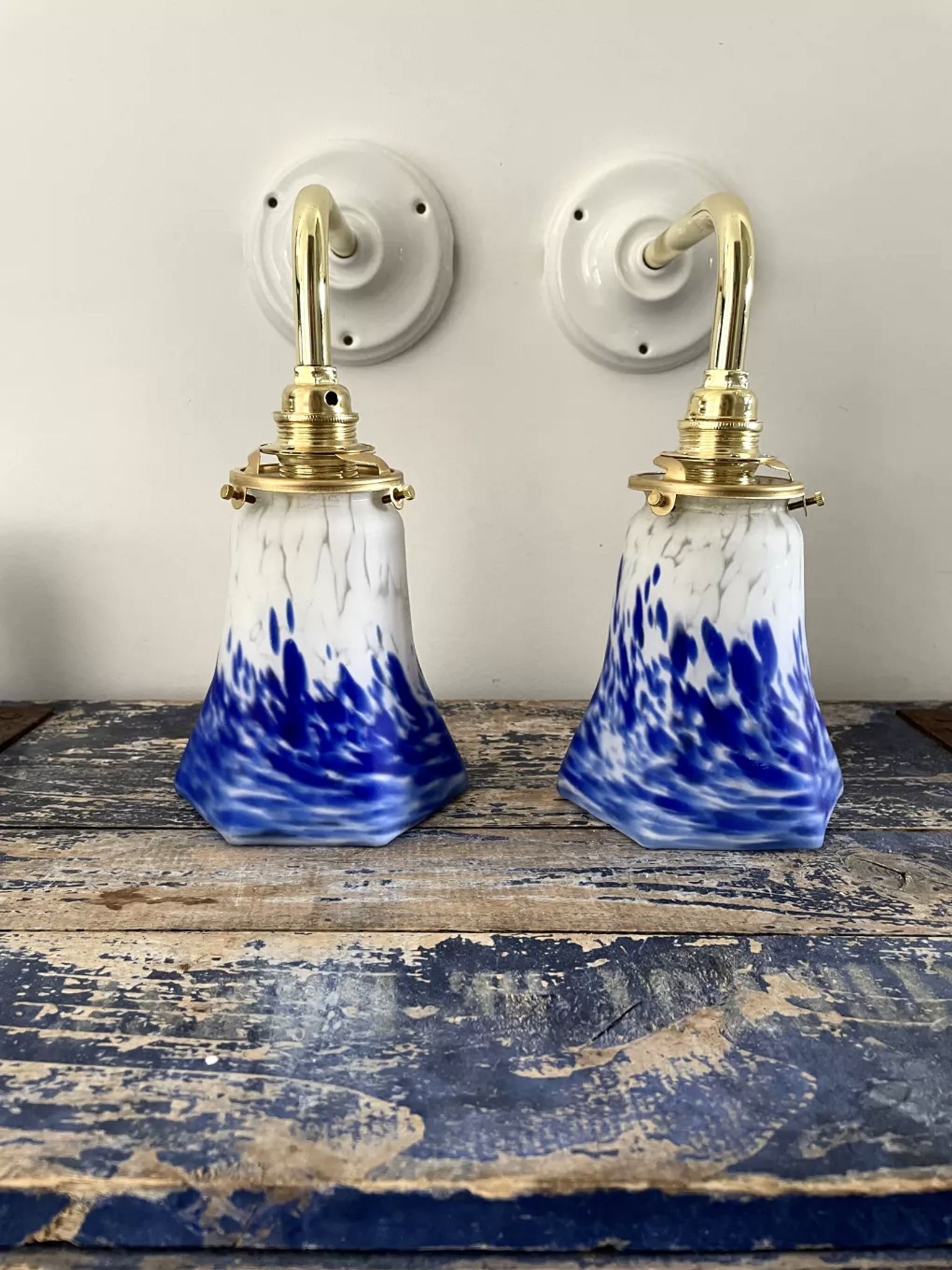 Set of two blue Art Deco wall lamps