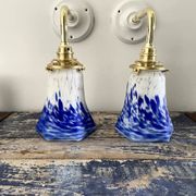 Set of two blue Art Deco wall lamps