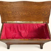 English oak Arts & Crafts chest – sabre legs, red lining