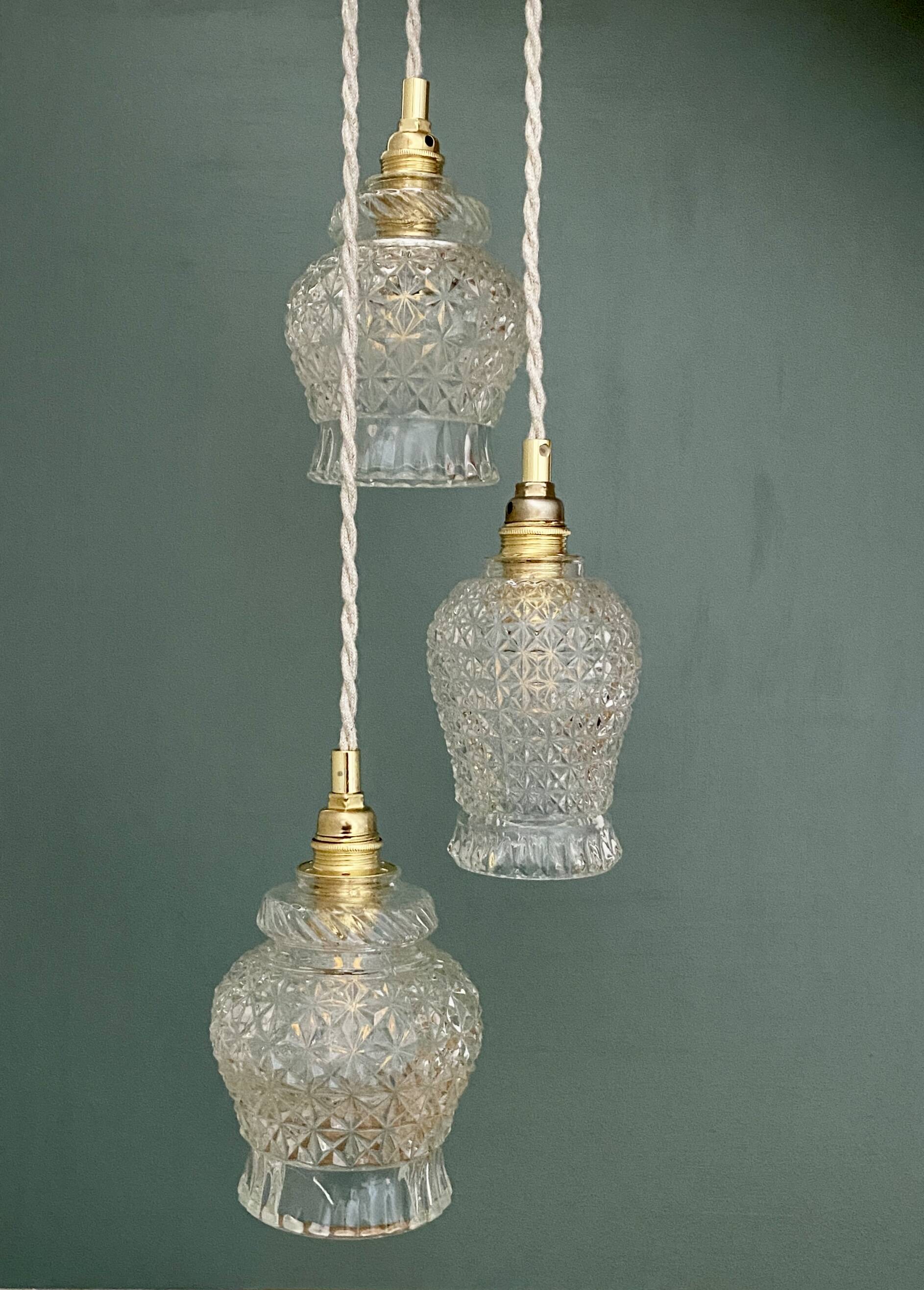 Vintage triple tulip pendant light in molded glass