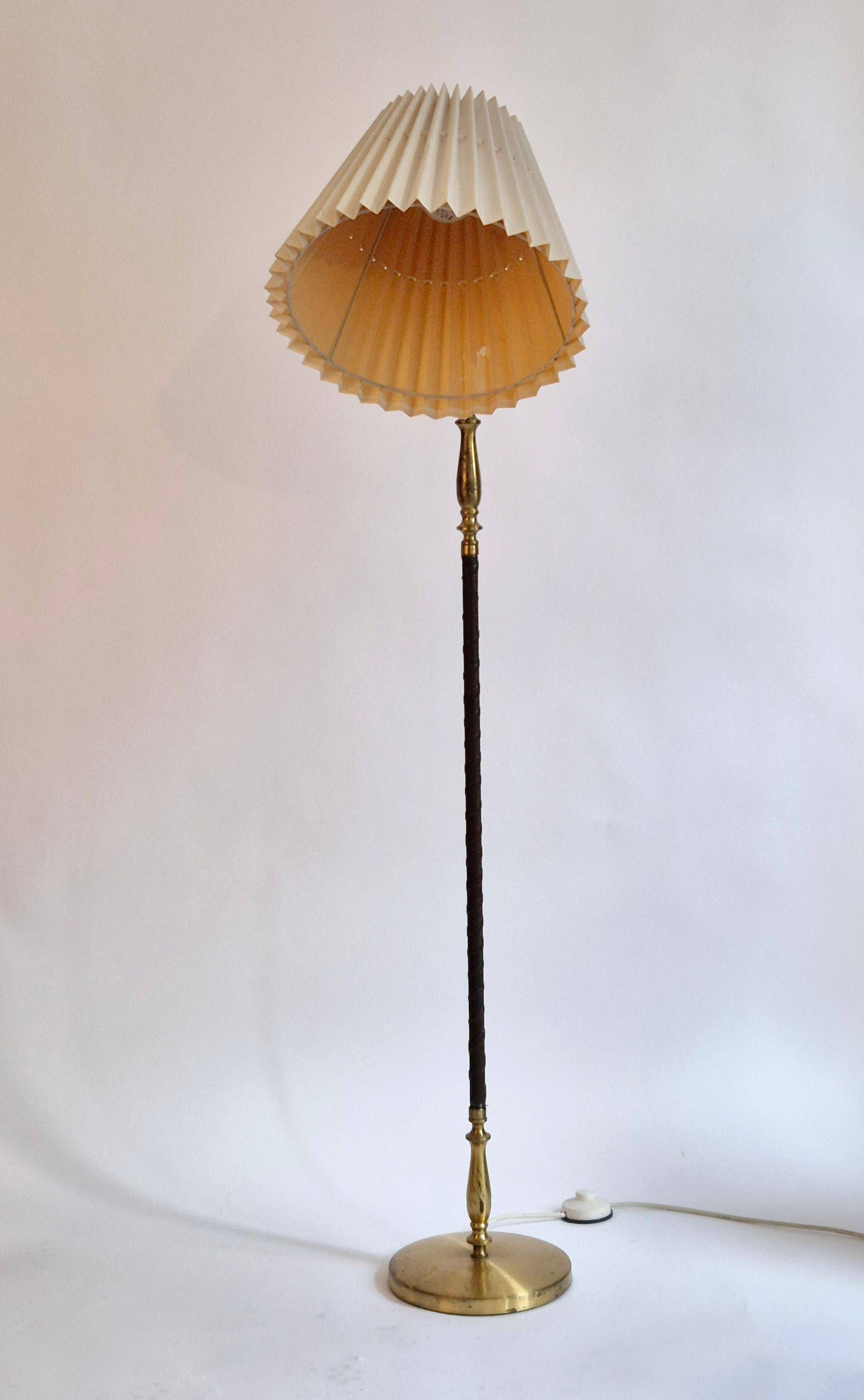 Brass floor lamp with dark brown leather trim, Swedish / Scandinavian Modernity
